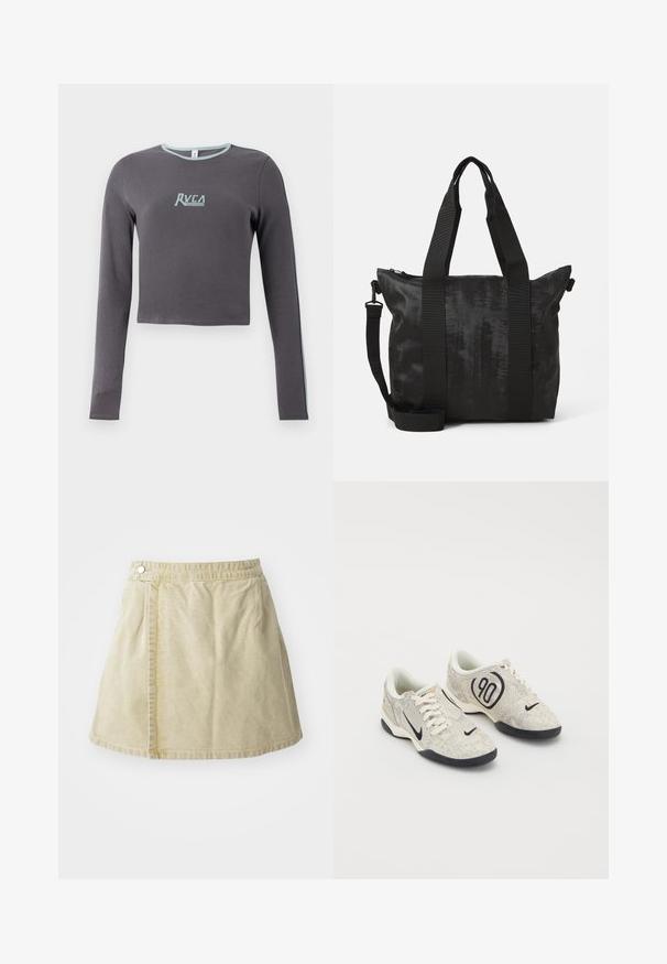 Gray long-sleeve cropped top with a ribbed texture, featuring a light blue neckline and side accents, and an embroidered logo on the chest.; Khaki mini skirt made of soft fabric, featuring a side button closure, smooth texture, and a slightly flared silhouette with a hemline above the knee.; Nike sneakers with a beige and gray textured upper, black accents, a large "90" logo, and a white lace-up closure. Black sole.; Black tote bag with textured fabric, dual top handles, and a detachable shoulder strap. Features a zippered closure for secure storage.