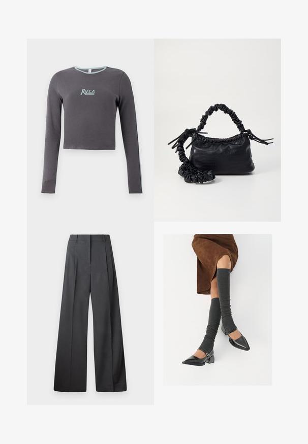 Siva dolgi rokav krojenih vrh z ribasto teksturo, z svetlo modrim ovratnikom in stranskimi akcenti, ter izvezenim logotipom na prsih.; Široke hlače iz temno sive tkanine, z visokim pasom, enim pregibom ter gladko teksturo z čisto obrobo na robovih.; Črne lakirane čevlje s pointy prsti in blok peto ter z naramnicami za gleženj, ki jih kombiniramo s sivimi rebrastimi nogavicami in rjavim suknjičem iz usnja.; Črna torbica iz umetnega usnja s krokodilovo teksturo, z zvitim vrhom in zmečkano naramico. Zdi se mehka in kompaktna v oblikovanju.