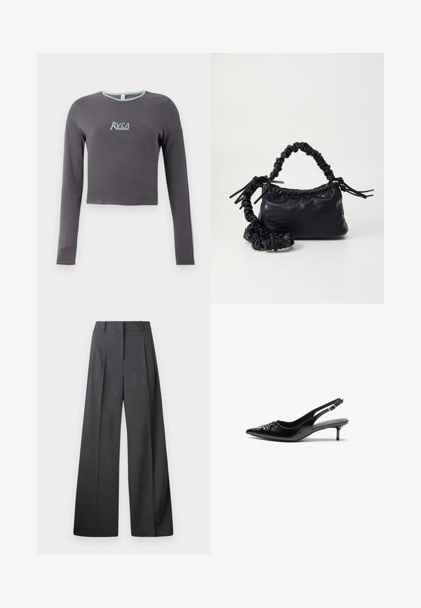 Top cropped cinza de manga longa com textura canelada, apresentando uma gola azul clara e detalhes laterais, e um logótipo bordado no peito.; Calças de perna larga em tecido cinza escuro, apresentando uma cintura alta, pregas simples e uma textura suave com um acabamento limpo nas bainhas.; Sapatos de salto alto slingback em couro preto com bico fino, pequeno salto kitten e um detalhe decorativo em forma de nó na parte da frente. Textura suave em toda a parte.; Bolsa de mão em couro sintético preto com textura de crocodilo, topo franzido e alça enrugada. Apresenta um design suave e compacto.