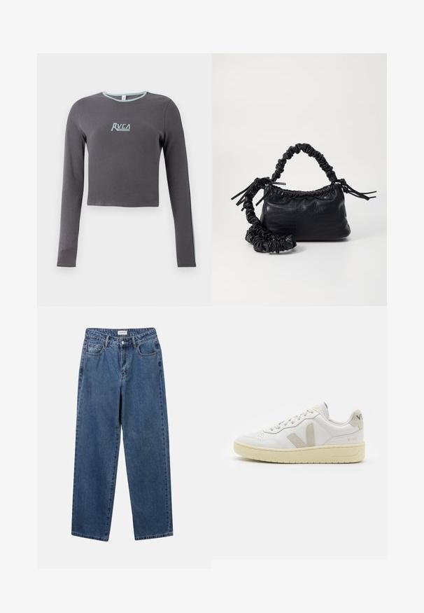 Maglietta cropped a maniche lunghe grigia con texture a costine, caratterizzata da un colletto e accenti laterali blu chiaro, e un logo ricamato sul petto.; Jeans in denim blu classico con design a gamba dritta, cinque tasche e chiusura con bottone. Presentano un lavaggio medio e una trama robusta.; Sneaker in pelle bianca con dettagli in suede beige, punta perforata, lacci piatti e suola testurizzata color crema. Presenta un logo discreto sul tallone.; Borsa a tracolla in ecopelle nera con texture a coccodrillo, apertura cinchata e tracolla arricciata. Si presenta con un design morbido e compatto.