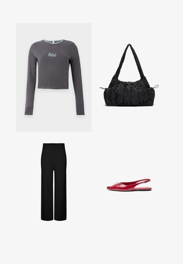 Sivi dugi rukav uski kroj s rebrastom teksturom, s svijetloplavim izrezom oko vrata i bočnim detaljima, te izvezenim logotipom na prsima.; Crne harem hlače s rastezljivim pojasom, s glatkom teksturom i bez vidljivih uzoraka ili naglasaka.; Crvene kožne cipele s remenom oko pete, ravne, s šiljastim vrhom i dekorativnim vezanjem sprijeda, s uskim remenom oko gležnja i ravnim đonom.; Crna torba od tkanine s naboranom teksturom, dva remena za nositi na ramenu i kaišem za zatvaranje sa strane. Glatki, lagani materijal.