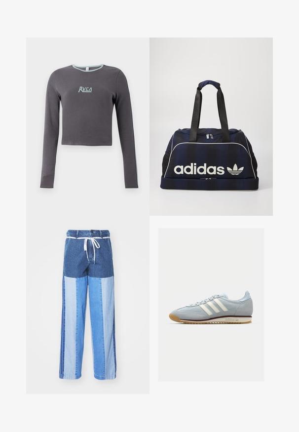 Pilkas ilgas rankovėmis apkirptas-paltas su briaunotu tekstūru, turintis šviesiai mėlyną iškirptę ir šoninius akcentus, bei siuvinėtą logotipą ant krūtinės.; Mėlyni džinsiniai aptiniai su įvairių atspalvių mėlyno audinio intarpais, su tamprių juosmeniu ir laisvais, tiesiais kirpimais.; Šviesiai mėlyni veliūriniai sportbačiai su baltomis trimis juostelėmis, guminis pado ir tekstūruota tinklinė medžiaga. Yra glotnus pirštų dangtelis ir ženklas ant kulno.; Navy spalvos sportinis krepšys su baltu Adidas logotipu, turintis užtrauktuką viršuje, du tvirtus juodus rankenėles ir šonines tinklines kišenes. Sklandus audinio tekstūros paviršius.