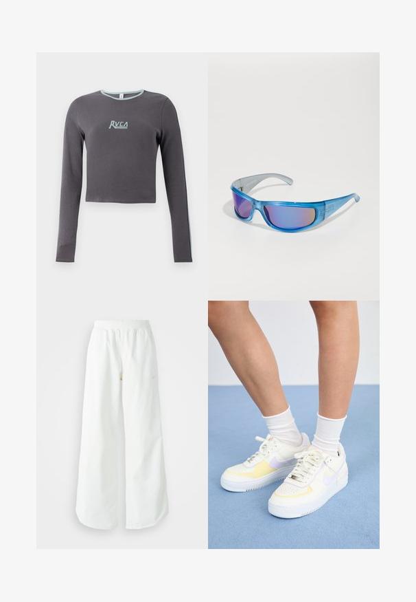 Pelēks garo piedurkņu īsais topiņš ar ribota auduma struktūru, ar gaiši zila dekoltē un sānu akcentiem, kā arī izsietu logo uz krūšu.; Baltas, platais sporta bikses ar ribotu jostasvītru un smalku logotipa detaļu. Gluda auduma ar brīvu piegriezumu un sašaurinātu apakšdaļu.; Balti ādas sporta apavi ar dzelteniem un lavandas akcentiem, apaļa purngala forma, plakani šņores un teksturēta gumijas zole. Valkāti ar baltām zeķēm.; Zilas saulesbrilles ar caurspīdīgu rāmi, spoguļa lēcas ar gradienta slīpumu un sportisku dizainu, kas nodrošina drošu piegulšanu aktivitāšu laikā.