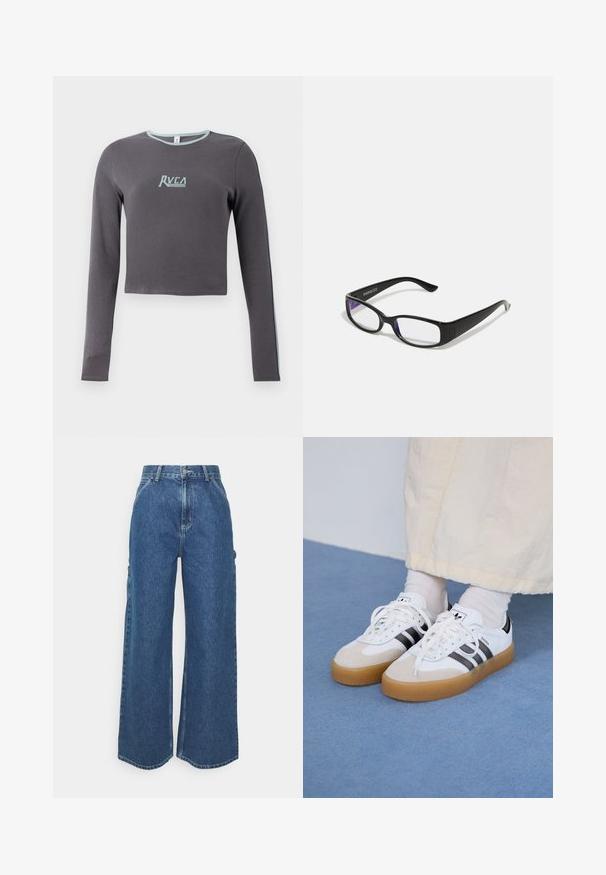 Sivý dlhý rukáv crop top s ribovanou textúrou, ktorý má svetlo modrý dekolt a bočné akcenty, a vyšitým logom na hrudi.; Dlhé modré džínsy so širokými nohavicami a vysokým pásom, s kontrastným prešívaním a bočnými vreckami, s klasickým dizajnom piatich vreciek a surovými lemami.; Biele tenisky s čiernymi pruhmi a béžovými semišovými detailmi. Majú textúrovanú gumovú podrážku a ploché biele šnúrky, kombinované s svetlými ponožkami.; Čierne obdĺžnikové okuliare s priehľadnými šošovkami. Lesklý povrch, úzke ramená a fialový nádych viditeľný na okrajoch šošoviek.