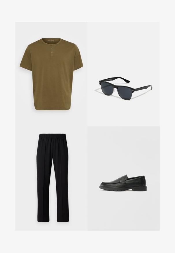 Olívovo zelené tričko s okrúhlym výstrihom, krátkymi rukávmi a zapínaním na tri gombíky. Vyrobené z mäkkej bavlnenej tkaniny s hladkým povrchom.; Čierne nohavice s elastickým pásom a rovnými nohavicami, majú hladkú textúru a žiadne viditeľné vzory ani kovové doplnky.; Čierne kožené mokasíny s hladkým povrchom, vrchnou časťou v štýle mokasín, prešitým detailom a gumovou podrážkou. Klasický dizajn s nízkym podpätkom.; Čierne slnečné okuliare s obdĺžnikovým tvarom, tmavými sklami, striebornými akcentmi na bočných okrajoch a matným povrchom rámu.