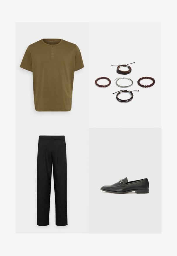 Olive green t-shirt with a round neckline, short sleeves, and three-button placket. Made from soft cotton fabric with a smooth texture.; Black trousers made of smooth fabric, featuring a straight-leg design, two front pleats, and standard waistband with belt loops.; Black leather loafer with a smooth finish, featuring a stitched design and a decorative metal chain accent across the vamp. Flat heel.; Set of five bracelets featuring brown leather, wooden beads, and a silver chain; varying textures and shapes, with adjustable closures.