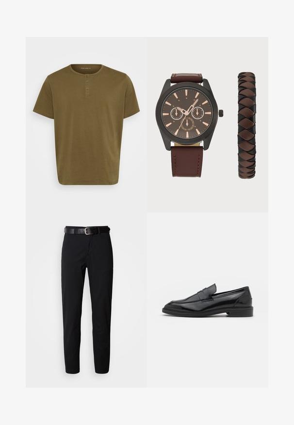 Olive green t-shirt with a round neckline, short sleeves, and three-button placket. Made from soft cotton fabric with a smooth texture.; Black trousers with a straight cut, featuring a smooth texture and a black leather belt with a silver buckle. Simple design, no patterns or accents.; Black leather loafers with a smooth finish, featuring a rounded toe and a narrow band across the upper. Low stacked heel.; Pier One SET - Watch - black/brown