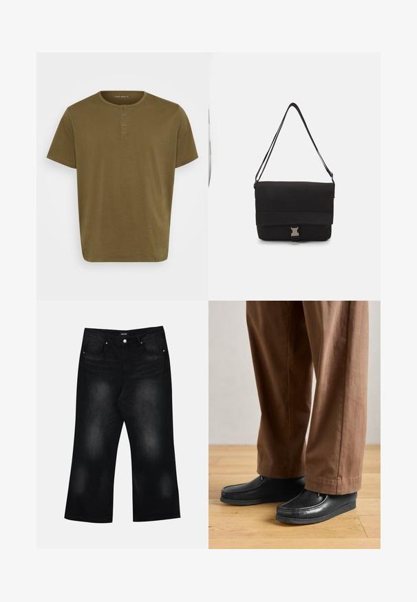 T-shirt verde oliva con scollatura rotonda, maniche corte e patta con tre bottoni. Realizzato in morbido cotone con una texture liscia.; Jeans neri a gamba larga in denim, con due tasche frontali, lievi sbiadimenti e chiusura a bottone in vita.; Scarpe in pelle nera con design mocassino e dettagli cuciti, abbinate a pantaloni marroni, su un pavimento di legno.; Borsa a tracolla nera realizzata in materiale liscio, con un lembo pieghevole, hardware in metallo argentato e una tracolla regolabile.