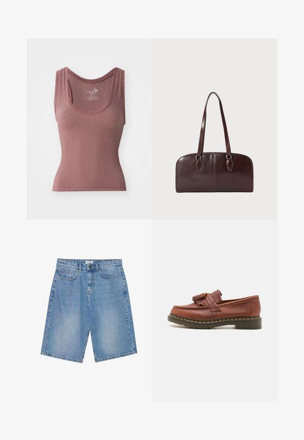 Juoda marškinėliai su raukšlėmis, tamsiai raudonos spalvos, su U formos iškirpte, platesnėmis petnešomis ir prigludusia siluetu. Pagamintas iš elastingos, tekstūruotos medžiagos.; Šviesiai mėlyni džinsiniai šortai su tiesiu kirpimu, penkių kišenių dizainu ir kontrastinga siūle. Yra mygtuko ir užtrauktuko užsegimas.; Rudos odinės mokasinai su pakabukų akcentais, tekstūruota paviršius ir kontrastuojančios geltonos siūlės palei juodą gumos pada.; Ruda odinė rankinė su dviem ilgais rankenomis, struktūrinės stačiakampio formos, lygaus paviršiaus ir apvalintais kraštais. Yra akcentinės detalės ant rankenų.