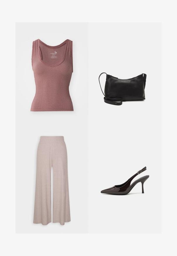 Ribbete singlet i dyp rød, med U-hals, brede stropper og en tettsittende silhuett. Laget av et elastisk, teksturert stoff.; Lys grå vide ben bukser laget av mykt, ribbestrikket stoff, med høy midje og hel lange ben med subtil tekstur.; Slingback høyhælte sko i blankt mørkebrunt patentlær, spiss tå, åpne sider og justerbar ankelrem.; Svart skinn skulderveske med glatt tekstur, buet form, justerbar stropp og glidelås. Minimalistisk design uten dekorasjoner.