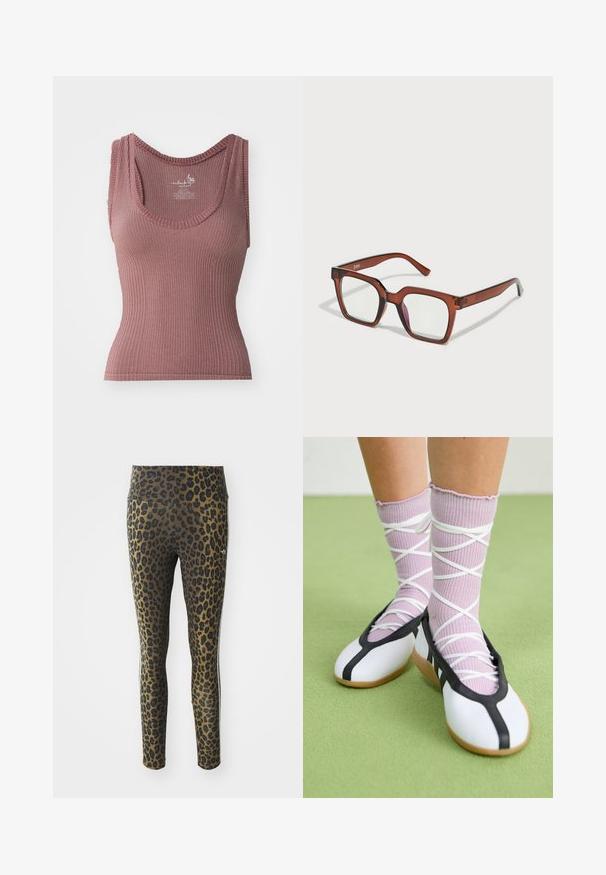 Ribaga tank top tumes punases, millel on U-kujuline kaelus, laiad rihmad ja sobiv siluett. Valmistatud venivast, tekstuuriga kangast.; Leopardimustriga retuusid, millel on kõrge vöökoht, veniv kangas ja mustad aktsendid heledal pruunil taustal, loodud mugavuse ja sobivuse tagamiseks.; Valged lamedad jalanõud musta ääre ja tallaga, koos heledate lillade soonikatega sokkidega, millel on valged ristvõrgud. Taustal roheline värv.; Pruunid üleõlised ristkülikukujulised prillid selgete läätsedega, millel on paremal läätses kerge roosa tooni. Plastraam, mille pind on sile.