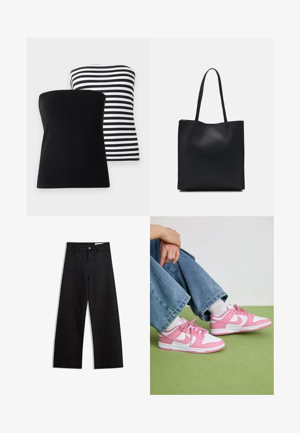 Két pántnélküli felső: az egyik sima fekete, a másik vízszintes fekete-fehér csíkos. Mindkettő sima anyagból készült, egyszerű, klasszikus dizájnnal.; Fekete, bő szabású farmernadrág magas derékkal, elülső és hátsó zsebekkel, varrott felületekkel és gombos záródással. Sima textúra.; Rózsaszín és fehér Nike sneaker, bőr és hálós anyagokból készült, kontrasztos formákkal, kerek orrával, valamint illeszkedő rózsaszín fűzőkkel és díszítésekkel.; Fekete bőrtáska sima felszínnel, téglalap alakú, két hosszú füllel. Nincs látható fémkiegészítő vagy díszítés.