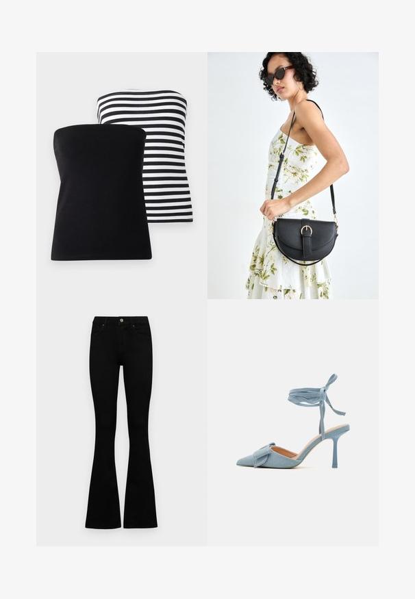 To stribekåper: en helsvart og en med horisontale svart-hvite striper. Begge laget av glatt stoff, med enkle, klassiske design.; Sorte høytlivsjeans med knapp og glidelås, frontlommer og utsvingte bein liggende flatt på en hvit bakgrunn.; Pekepusted hæl sko i lyseblå stof med en tekstureret finish, med en sløjfeaccent og ankelrem for en sikker pasform.; Svart lærveske med en buet form, avtagbar stropp og gullbeslag. Vesken har et klaff med spenne-detall.