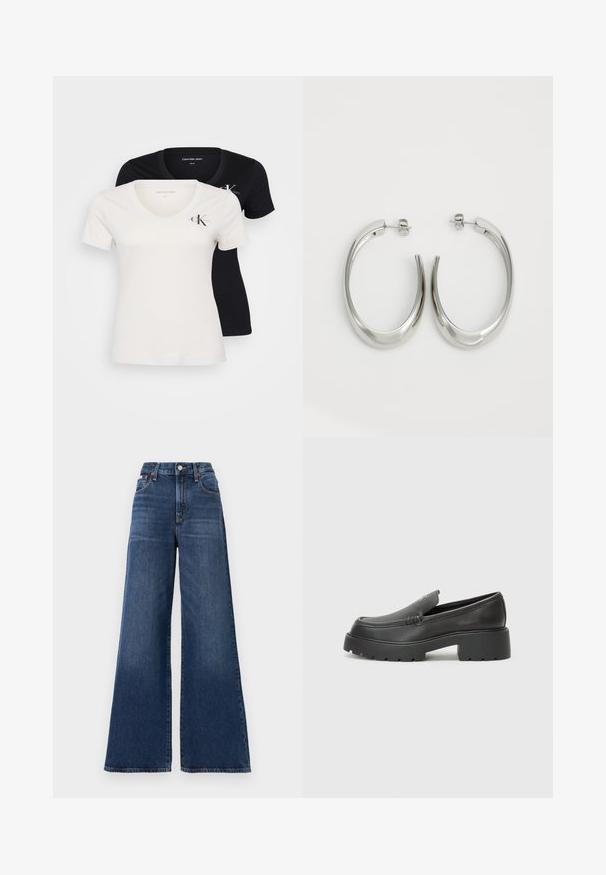 Δύο T-shirts με V λαιμόκοψη: το ένα είναι λευκό με λογότυπο στο στήθος, το άλλο είναι μαύρο. Και τα δύο είναι κατασκευασμένα από μαλακό βαμβακερό ύφασμα.; Τζιν με ψηλή μέση και φαρδιά πόδια, κατασκευασμένα από σκούρο μπλε τζιν, με κλείσιμο με κουμπί, πέντε τσέπες και ελαφριά φθορά στους μηρούς.; Μαύρα δερμάτινα loafers με στρογγυλή μύτη, χοντρή υφή σόλας και ελάχιστες ραφές. Κομψός σχεδιασμός χωρίς ορατά κορδόνια ή μεταλλικά στοιχεία.; Ασημένια σκουλαρίκια κρίκοι με μαλακή, καμπυλωτή σχεδίαση. Διαθέτουν γυαλιστερή μεταλλική υφή και κλείσιμο με σφίγγα. Χωρίς ορατά μοτίβα ή διακοσμήσεις.