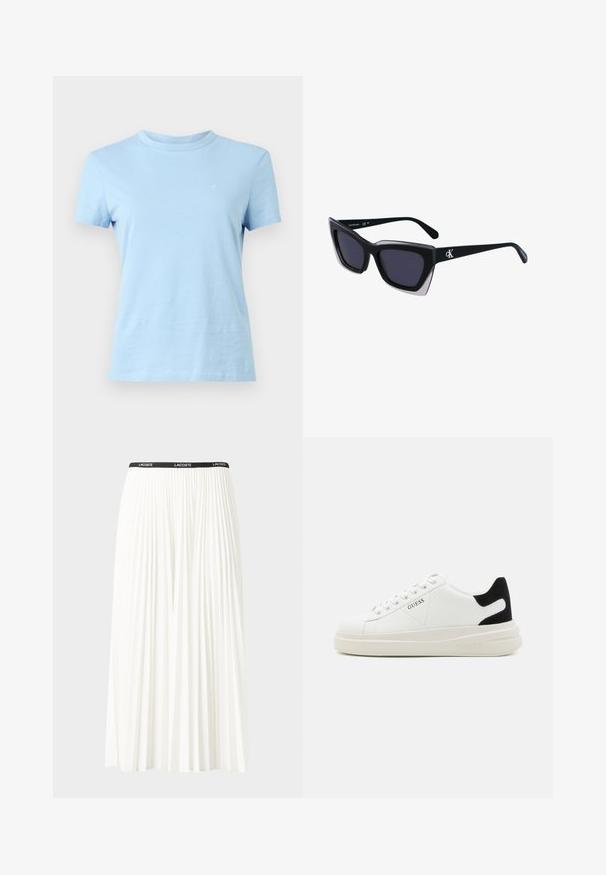 T-shirt de algodão azul claro com decote redondo, mangas curtas e um pequeno logótipo no peito. Textura suave, ajuste descontraído.; Saia plissada branca com uma cintura elástica preta que apresenta o logótipo "LACOSTE". Design de comprimento médio com textura suave.; Sapatilhas brancas de couro com uma sola branca espessa, detalhe em camurça preta no calcanhar e logótipo em relevo na lateral. Design com atacadores e seis ilhós.; Óculos de sol oversized pretos com forma geométrica, apresentando lentes escuras e um detalhe cinza em contraste na armação. Logotipo na haste.