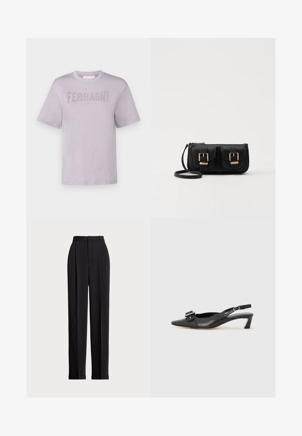 Heleda lilla puuvillane T-särk lühikeste varrukatega, millel on rindkeres sädelevate kristallidega kaunistatud "FERRAGNI" ja ümmargune kaelus.; Mustad kohandatud püksid kõrge vöökohtaga, ees plisseeritud, sirge sääre disainiga ja mansetiga hem. Valmistatud sileda kangaga.; Must must nahk slingback kingad terava varbaga, väikese kontsaga ja dekoratiivse pandlaga ülaosas. Sile tekstuur, minimalistlik disain.; Must küllastamata nahast õlakott, millel on kaks esist nähtavat taskut, kuldsed pandlad, tõmblukuga sulgemine ja peen rihm. Tekstuuriga pind ja kompaktne ristkülikukujuline kuju.