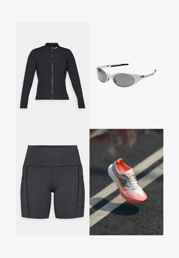 POC ESSENTIAL SPLASH JACKET - Cykeltröjor - uranium black; Svarta högmidjade shorts tillverkade av stretchigt material, med sidofickor, plana sömmar och en slät yta för komfort under aktiviteter.; Löparsko med en vit och rosa ovandel, med en nätstruktur, reflekterande detaljer och en dämpad sula. Lättviktig design för prestanda.; Vita plastsolglasögon med stora ovala linser, gråtonade. Har svarta örongrepp och en liten logotyp på ramen. Slät yta.
