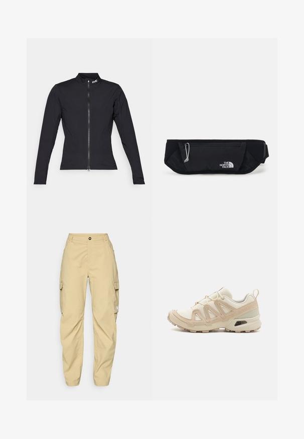 POC ESSENTIAL SPLASH JACKET - Maillot de cycliste - uranium black; The North Face EXPLORATION CARGO PANTS - Pantalons outdoor - khaki stone; Baskets de sport beiges et crème avec une tige en mesh texturé, des superpositions de soutien et une semelle en caoutchouc dotée d'un motif de crampons pour une traction.; The North Face SUNRISER RUN BELT UNISEX - Sac banane - black/white
