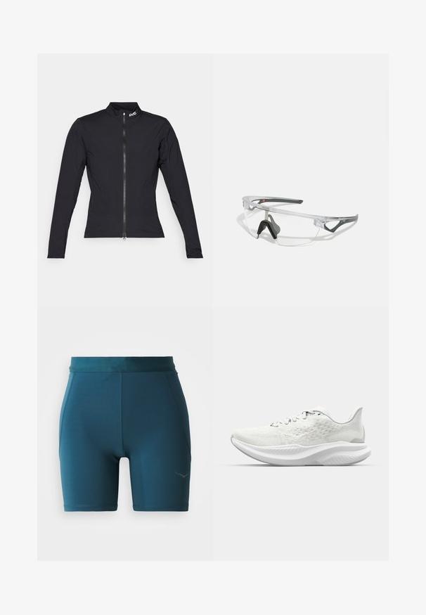 POC ESSENTIAL SPLASH JACKET - Wielershirt - uranium black; Teal sportieve shorts gemaakt van een gladde, rekbare stof. Beschikt over een brede tailleband en gestikte accenten, met een klein logo aan de zijkant.; Witte sportieve schoenen met een gestructureerde bovenkant, vetersluiting en een gevoerde zool met een golfvormig profiel. Subtiele branding aan de zijkant.; Duidelijke veiligheidsbril met een lichtgewicht, transparant montuur en grijze accenten. Bevat een rond lopend ontwerp en een verstelbare neuspiece.