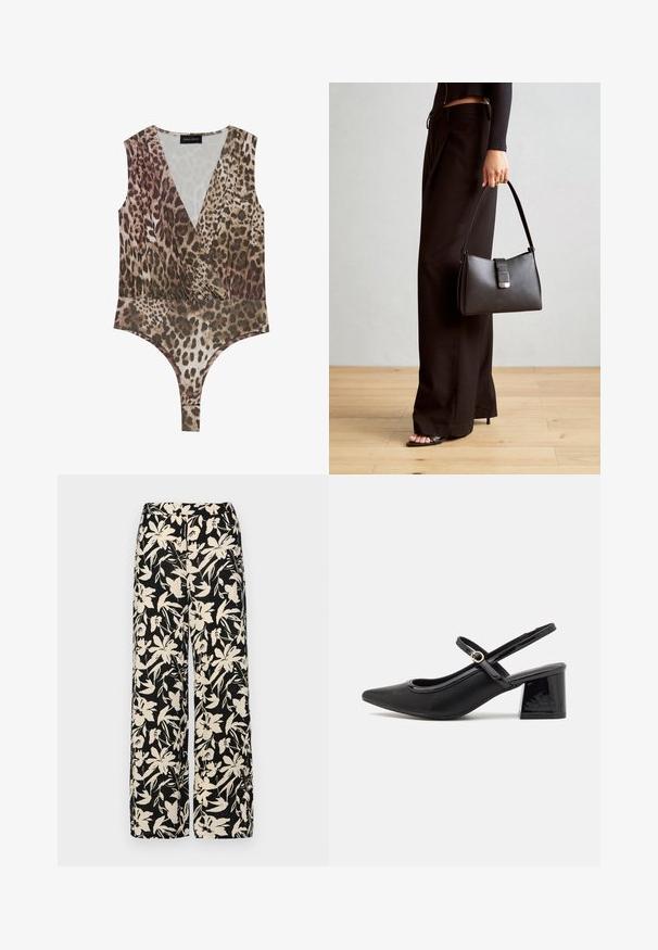 Body de estampa de leopardos com decote em V profundo, design sem mangas, cintura franzida e parte de baixo alta em tons de castanho e bege.; Calças largas pretas com um padrão floral creme. Feitas de um tecido leve, apresentando uma textura suave e uma cintura alta.; Sabrinas de cerâmica preta com salto bloco, bico apontado e um design com recortes arredondados. Apresenta um detalhe em fivela de tom dourado.; Bolsa preta com forma estruturada, textura suave e um fecho metálico. Combinada com calças largas pretas e sandálias de salto aberto sobre um chão de madeira.