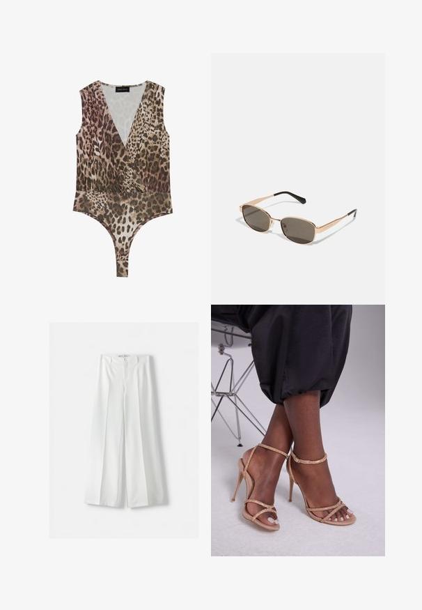 Bodysuit z leopardjim vzorcem, ki ima globok V-izrez, brezrokavni dizajn, zgrinjeno pasu in visoko rezano dno v odtenkih rjave in bež.; Bershka WIDE-LEG TAILORED - Hlače - white; Bež sandale s peto in kristalnimi okrasnimi elementi, z odprtim prstom, tankimi trakovi in eleganco silhueto.; Pravilne sončne očala z zlatim kovinskim okvirjem in temnimi lečami. Okrašena s tankimi črnimi ročaji, ki prikazujejo minimalističen dizajn.; Michael Kors denarnica v bež lakiranem platnu z mišičnim vzorcem ponavljajočega se logotipa MK, z zlatim okovjem in snemljivo verižico.