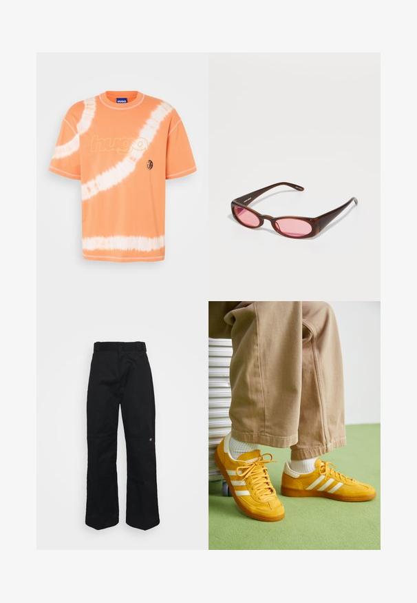 T- shirt κοντομάνικη, πορτοκαλί tie-dye από βαμβάκι, με λευκό σχέδιο σπείρας και κίτρινο λογότυπο "hugob" με μια μικρή μαύρη εμβλημα.; Μαύρο παντελόνι με φαρδιά πόδια και λείο υφή, με κανονική ζώνη στη μέση και μικρό κεντητό λογότυπο κοντά στο δεξί πόδι.; Κίτρινες σουέντ αθλητικές παπούτσια με λευκές ρίγες, διαθέτοντας καουτσούκ σόλα, υφασμάτινα κορδόνια και επενδυμένο κολάρο, συνδυασμένα με μπεζ βαμβακερές παντελόνες.; Καφέ φιμέ γυαλιά ηλίου με κομψό, επιμήκη οβάλ σχήμα. Οι σκελέτοι είναι κατασκευασμένοι από γυαλιστερό πλαστικό και οι φακοί είναι ροζ με διακριτή καμπύλη.