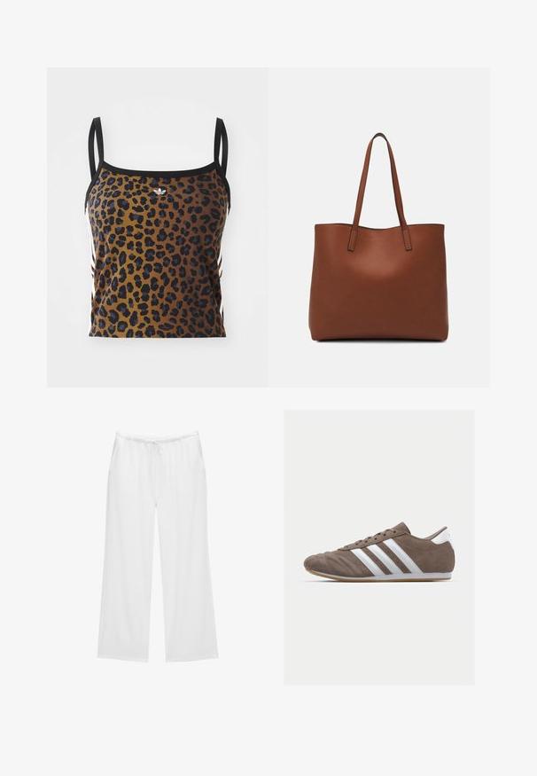 adidas Originals TANK - Toppi - multicolor; Valkoiset leveät housut, jotka on valmistettu pehmeästä kankaasta. Niissä on joustava vyötärö, jossa on naru, sekä kaksi sivutaskua. Yksinkertainen ja raikas muotoilu.; Ruskea mokkaboots-urheilujalkine, jossa on valkoiset raidat, pyöreä kärki, nauhakiinnitys ja kumipohja. Teksturoitu päällinen, jossa on ompelutiedot.; Ruskea nahkainen olkalaukku, jossa on sileä pinta, avoin yläosa ja kaksi olkahihnaa. Omaavat vain minimaalisen ompelun eikä näkyvää metalliosaa.