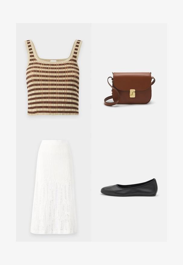 Top de tank cropped em creme com riscas verticais castanhas e laranjas. Apresenta um decote quadrado e alças largas para suporte.; Saia midi branca de malha com um padrão texturizado com linhas verticais e detalhes recortados perto da bainha. Cintura elástica. Material suave.; Bailarina preta em pele com bico arredondado, textura suave, detalhe de costura minimalista e design de sola flexível.; Bolsa de couro castanho com fecho de aba, decoração em tom dourado, alça de ombro e textura suave. Formato retangular compacto.