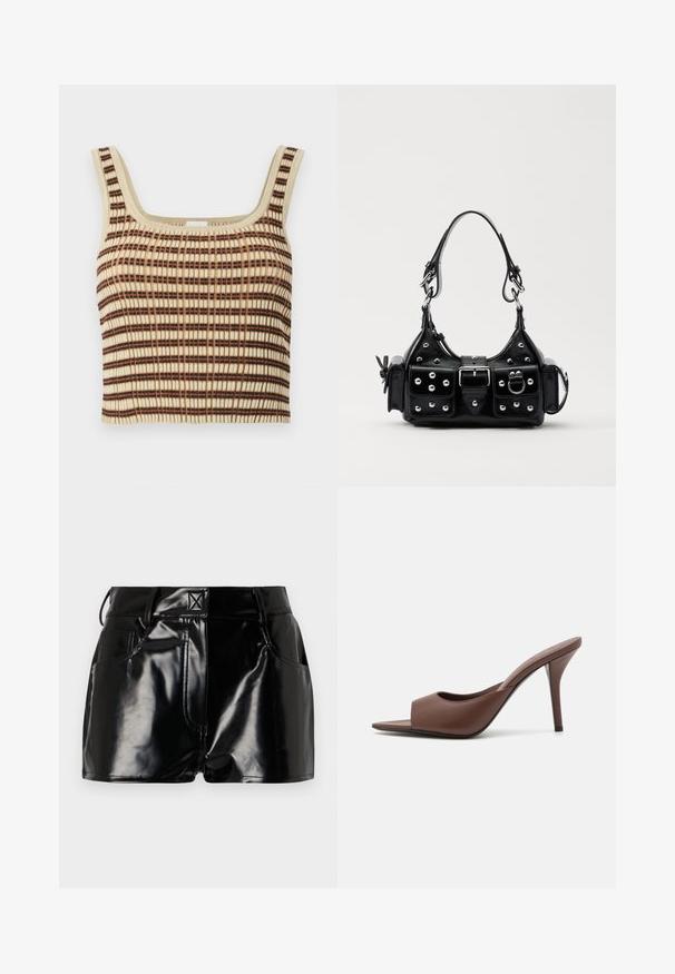 Ribota, trumpa topas kremine spalva su rudomis ir oranžinėmis vertikaliomis juostelėmis. Papuoštas kvadratiniu iškirpimu ir plačiais petnešomis, užtikrinančiomis paramą.; Juodos, blizgios šortai, pagaminti iš sintetinės medžiagos. Turi prigludusią liemenį, diržo kilpas ir priekines kišenes su ryškiomis siuvimo detalėmis.; Rudi odos atviri aukšti kulniukai su elegantišku dizainu, turinčiu plačią priekinę juostą ir siauromis stiletto kulkšnimis.; Juodas odinis rankinukas su kreiviu dizainu, su sidabro spalvos knopkėmis, užsegimu ir dviem šoninėmis kišenėmis. Reguliuojama dirželis nešimui.