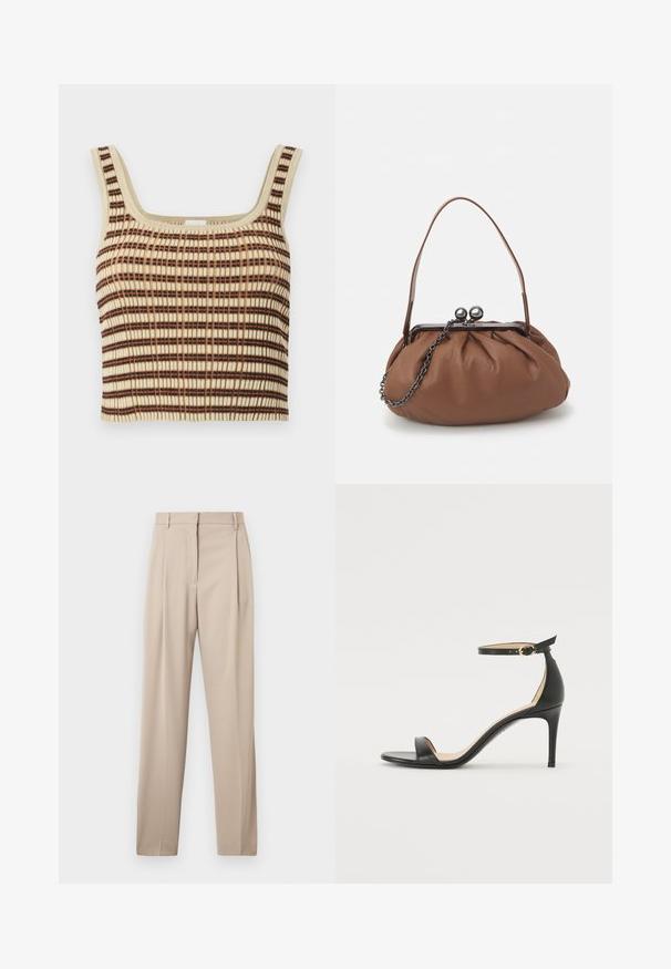 Ribbade, korta tanktop i кремfärgad med bruna och orange vertikala ränder. Har en fyrkantig halsringning och breda axelremmar för stöd.; Beige skräddarsydda byxor med raka ben, med veck framtill och hällor för bälte, tillverkade av ett slätt tyg.; Svart läder högklackad sandal med ankelrem. Har en mjuk yta, öppen tå och en tunn klack. Guldtonad spänne som detalj.; Brun läderhandväska med en samlad design, ett kort läderhandtag och en kedjestrapsrem. Har ett silverfärgat metallspänne med två runda detaljer.