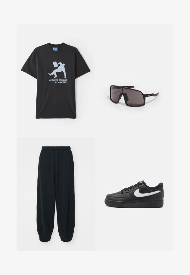 Fekete pamut póló rövid ujjakkal, világoskék grafikával, amelyen egy ember egy aktatáskát tart, valamint a "KIDSUPER STUDIOS GET UP, GET GOIN'" szöveggel.; Fekete, rugalmas derékpántos melegítőnadrág, laza fit, véget érő szárakkal, sima textúrával, látható minták vagy hardver díszek nélkül.; Fekete Nike Air Force 1 tornacipő sima bőrből készült felsőrésszel, fehér logóval, perforált orral és texturált gumitalppal.; Fekete téglalap alakú napszemüveg sötét lencsékkel, széles kerettel és karcsú fekete szárakkal. A templikon logó található. Simább textúra.
