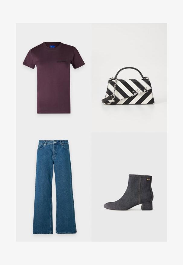 Temno vijolična bombažna majica s kratkimi rokavi in okroglim ovratnikom, z črnim tiskanim logotipom na levem prsnem delu. Gladka tekstura.; Široke modre jeans hlače iz denima s klasičnim pet-pocket dizajnom, ki vključujejo sprednji gumb in zadrgo ter subtilno zbledelo teksturo.; Temno jeans škornji do gležnja s koničastim nosom, blok peto, vidnim šivanjem in subtilnim logotipom blagovne znamke na strani. Gladka tekstura.; Črna in bela črtasta torbica z obliko s strukturirano obliko, s top ročajem, odstranljivo verižico in kovinskim logotipom.