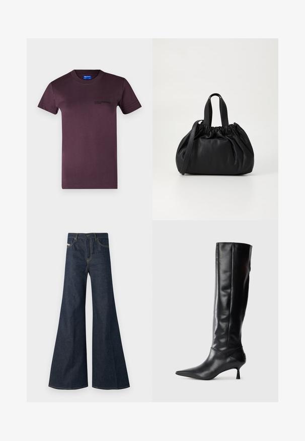 T-shirt din bumbac de culoare violet închis, cu mâneci scurte, gât rotund și un logo imprimat de culoare neagră în zona stângă a pieptului. Textură netedă.; Jeans negri închis, evazați, din denim, având talie înaltă, accente din fir auriu și două buzunare frontale cu închidere prin buton.; Botine negre din piele, până la genunchi, cu vârf ascuțit și toc subțire, curbat. Textură netedă, design ajustat și fără elemente de prindere sau modele vizibile.; Geantă de mână din piele neagră cu un design cu partea superioară plisată, având două mânere scurte și o curea lungă ajustabilă. Textură netedă, formă rotunjită.