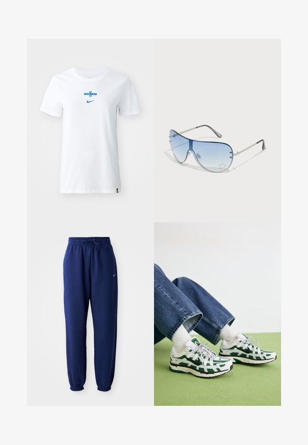 T-shirt de algodão branco com uma gráfica azul com "ENG" e um elemento de design horizontal, e um logo da Nike azul na frente.; Calças de fato de treino azul marinho feitas de um tecido suave, com uma cintura elástica com cordão, punhos elásticos e um pequeno logótipo branco.; Ténis atléticos brancos e verdes com um cabedal texturizado, apresentando um design em malha e uma sola preta, usados com jeans azuis e meias brancas.; Óculos de sol aviador com lentes azuis em degradê, armação metálica prateada e detalhes decorativos de estrelas nas lentes. Design suave e elegante.