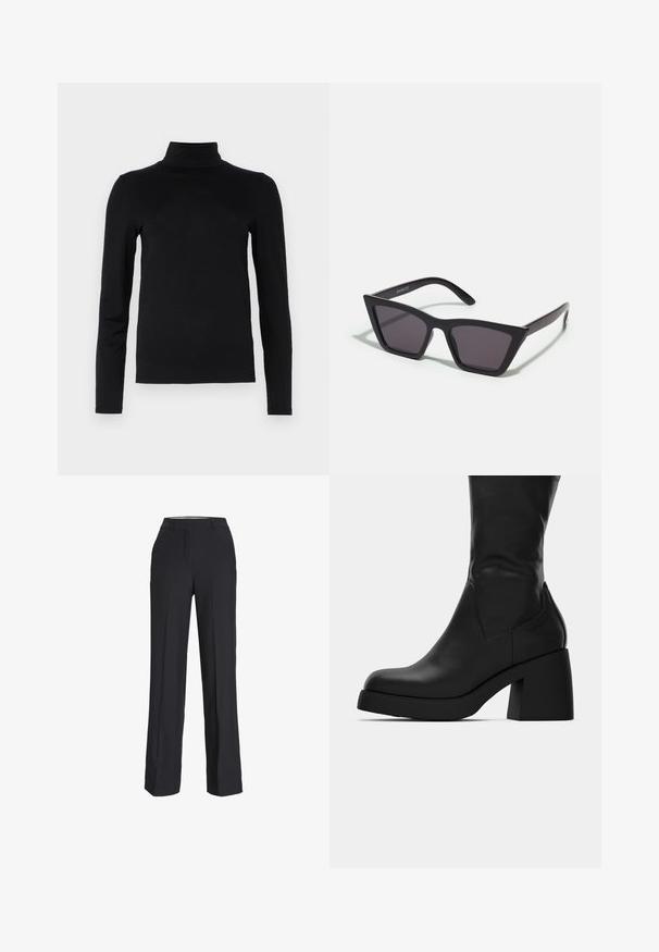 DRYKORN ZERAFNE - Pitkähihainen paita - black; Mustat, korkeavyötäröiset housut, joissa on suora lahje. Valmistettu sileästä kankaasta, jossa on edessä laskokset ja sivutaskut.; Musta nahkasaapas nilkkapituudella, jossa on paksu lohkare-korko ja pyöristetty kärki, esitetty sivuprofiilissa valkoista taustaa vasten.; Mustat, kulmikkaat aurinkolasit harmailla linsseillä; valmistettu muovista, paksuilla varsilla, joissa on sileä pinta ja ilman näkyvää metalliosaa.