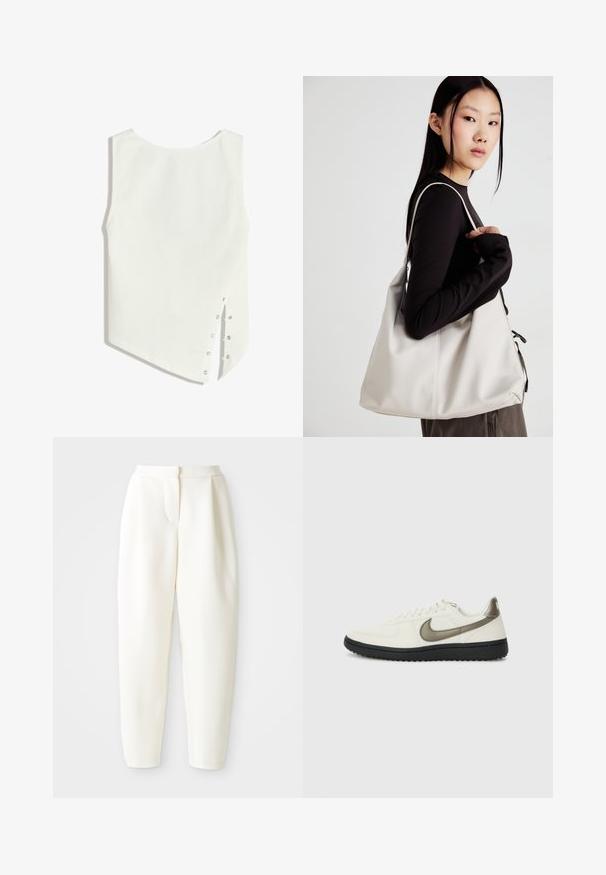 White sleeveless top with a rounded neckline, asymmetric hem, and snap fasteners on the side for closure. Smooth, lightweight fabric.; High-waist tapered white pants with a concealed front closure and side pockets, displayed against a plain white background.; Nike Sportswear FIELD GENERAL - Trainers - off-white/black; Beige handbag made of soft material, featuring a slouchy design, stitched detailing, and two shoulder straps. Suitable for everyday use.