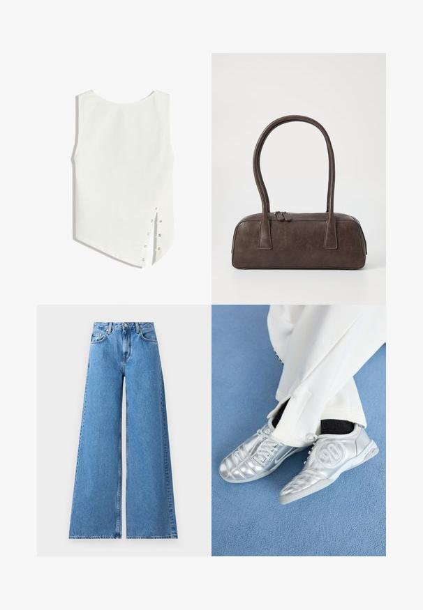 Bela brezrokavna majica z zaobljenim izrezom, asimetričnim robom in bočnimi pritisnimi gumbki za zapiranje. Gladek, lahkoten material.; Široki modri jeans s visokim pasom, opremljen klasičnim petimi žepi in šivi ob straneh za dodaten detajl.; Srebrni atletski čevlji z gladkim, sijočim zaključkom, z našitim dizajnom in številko 90 na strani, v kombinciji z belimi hlačami.; Rjava usnjena torbica z dvema trdnima ročkama, pravokotne oblike, gladke teksture in zadrgo. Minimalističen dizajn brez vidnih vzorcev.