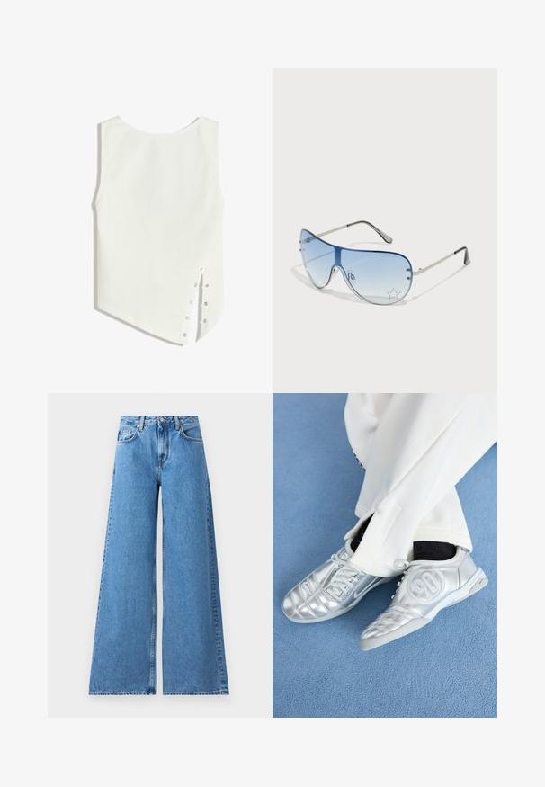 Fehér ujjatlan felső kerek nyakkivágással, aszimmetrikus aljjal és oldalsó patentgombokkal a záródáshoz. Simaszt, könnyű anyag.; Nagy lábú kék farmernadrág magas derékkal, klasszikus öt zsebes dizájnnal és oldalvarrásokkal a részletes megjelenés érdekében.; Ezüst sportcipők sima, fényes felülettel, varrott mintázattal és a 90-es számmal az oldalán, fehér nadrággal párosítva.; Pilóta napszemüveg, melynek áttetsző kék lencséje, ezüst fém kerete és díszes csillag díszítések találhatók a lencsén. Simogató és elegáns dizájn.