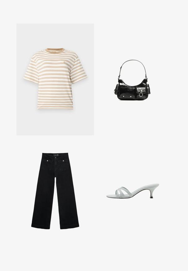 Bílý tričko s krátkým rukávem a kulatým výstřihem se vodorovnými béžovými pruhy. Na hrudi se nachází malé logo a má volný střih.; Černé široké džíny s vysokým pasem, obsahující dvě přední kapsy a kovové knoflíkové detaily. Látka má hladkou texturu.; Světlé šedé sandále na podpatku se třemi křížovými pásky, štíhlým profilem a zužujícím se podpatkem. Hladký povrch s mírně lesklým vzhledem.; Černá lakovaná kožená kabelka s křivkovým tvarem, jedním ramenním popruhem, předními kapsami a stříbrnými kovovými detaily.
