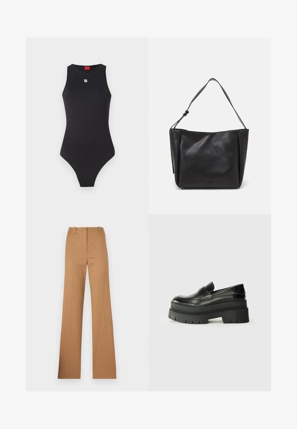 Bodysuit negro con un diseño sin mangas, hecho de un material suave. Presenta un pequeño logo blanco en el pecho y una abertura de pierna alta.; HUGO HULANA - Pantalones chinos - open brown; Mocasines de cuero negro con suela de plataforma contundente. Punta redondeada, detalle de costura en la parte delantera y sutiles acentos de costura. Suela plana y texturizada.; Calvin Klein GRACIE MEDIUM - Bolso de mano - black