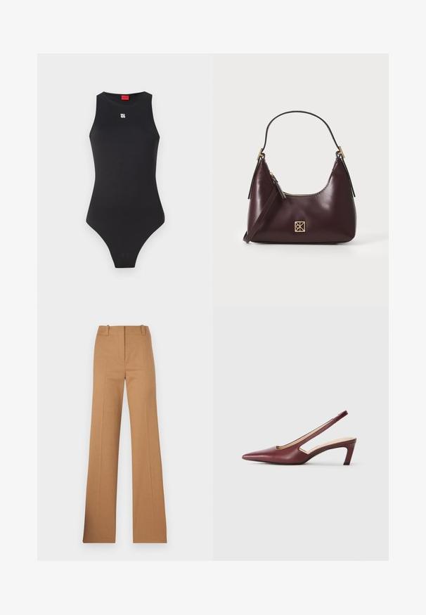Crni bodi bez rukava, izrađen od glatkog materijala. Ima mali bijeli logo na prsima i visoki izrez na nogavicama.; HUGO HULANA - Chino hlače - open brown; Burgundske potpetice sa otvorenom pete, oštar vrh, izrezane detalje sa strane i srednje visoku blok petu. Glatka kožna završna obrada.; Bordo kožna torba s zakrivljenim oblikom, zlatni akcenti na hardveru i zatvorena na patentni zatvarač. Ima odvojivi rameni pojas.
