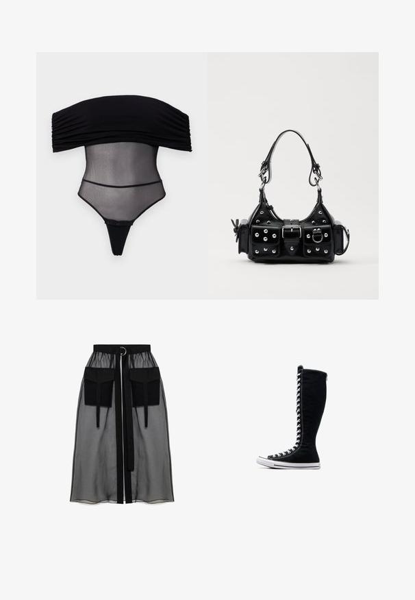 Undress Code Top - black; Falda negra transparente con una cinturilla fruncida, que presenta dos grandes bolsillos frontales, un lazo en la cintura y un acento metálico circular.; Zapatillas altas negras de lona con un diseño alto. Cuentan con cordones y costuras blancas, y una suela de goma con una puntera.; Bolso de mano de cuero negro con un diseño curvado, que cuenta con tachuelas plateadas, una hebilla y dos bolsillos laterales. Correa ajustable para opciones de transporte.