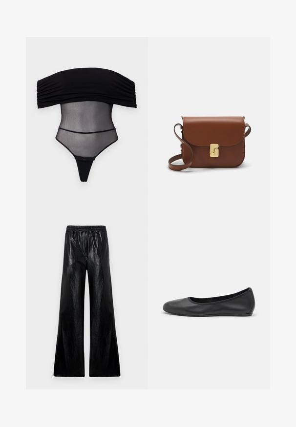 Undress Code Top - black; Weite Hosen aus glänzendem schwarzem Material mit elastischem Bund. Der Stoff hat eine glatte Textur und einen leichten Glanz.; Schwarze Leder-Ballettschuhe mit abgerundeter Spitze, glatter Textur, minimalen Nähdetails und einem flexiblen Sohlen-Design.; Braune Ledertasche mit Klappenverschluss, Beschlägen in Goldfarbe, einem Schultergurt und einer glatten Oberfläche. Kompakte rechteckige Form.