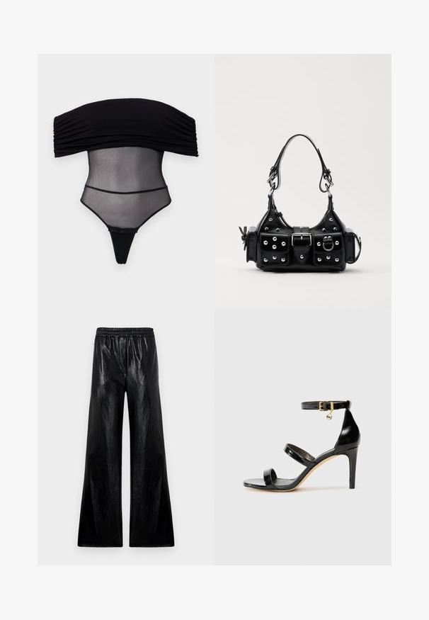Undress Code Top - black; Široké kalhoty vyrobené z lesklého černého materiálu s elastickým pasem. Tkanina má hladkou strukturu a mírný lesk.; Černé lakované kožené sandály se třemi pásky, sponou na kotníku a 10 cm jehlovým podpatkem. Obsahují zlaté kovové detaily a logo přívěsek.; Černá kožená kabelka s křivkovým designem, zdobená stříbrnými hřebíky, s přezkou a dvěma bočními kapsami. Nastavitelný popruh pro různé možnosti nošení.