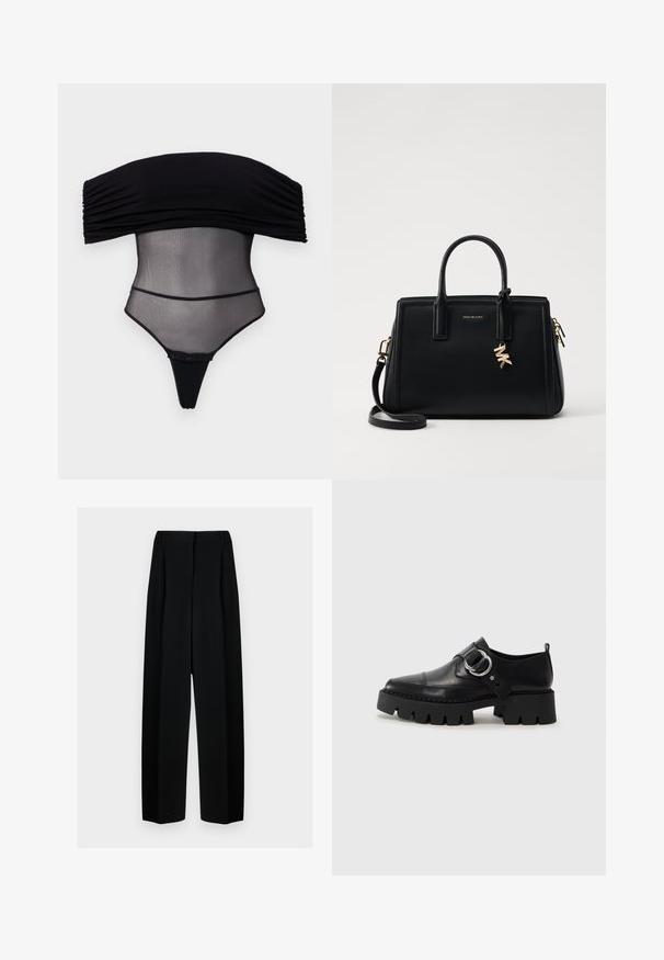 Undress Code - Top; Czarne spodnie o szerokich nogawkach z wysokim stanem, z plisami i gładką teksturą. Materiał wydaje się lekki i elegancko się układa.; Czarne skórzane buty z masywną, żebrowaną podeszwą, z okrągłym akcentem ze srebrnego metalu i minimalnymi detalami szwów.; Czarna skórzana torebka o strukturalnym designie, z dwiema górnymi uchwytami, odpinanym paskiem na ramię, złotymi akcesoriami i zawieszką z logo.