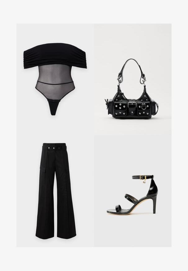 Undress Code Top - black; Zwarte wijde broek met hoge tailleband, voorzien van grote zijzakken, twee knopen aan de voorkant en een lusdetail. Gemaakt van stevige stof.; Zwarte gepatineerde leren sandaal met drie banden, enkelgesp en 10 cm hoge stiletto hak. Bevat gouden hardwaredetails en een logo charm.; Zwarte lederen handtas met een gebogen ontwerp, voorzien van zilveren studs, een gesp en twee zijvakken. Verstelbare schouderband voor verschillende draagmogelijkheden.