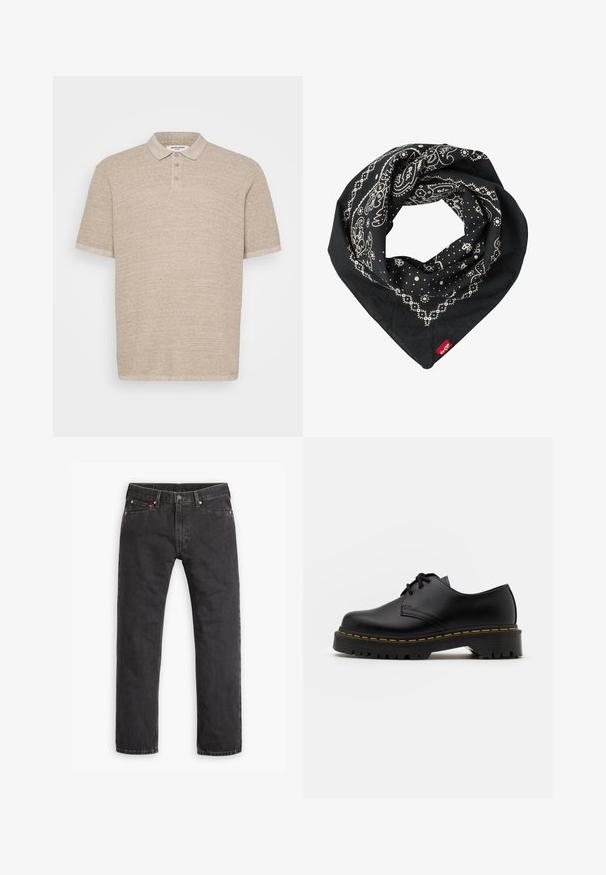 Beige polo t-shirt med korte ærmer, tekstureret stof, to-knap lukning og en blød krave. Enkelt design, uden synlige mønstre eller accenter.; Sorte straight-leg denim jeans med fem lommer, knaplukning og copper nitter liggende fladt på en hvid baggrund.; Sort læder snøresko med en rund tå, tekstureret gummisål og gule stikninger omkring bunden. Flad design og glat finish.; Levi's® PAISLEY BANDANA UNISEX - Tørklæde / Halstørklæder - regular black