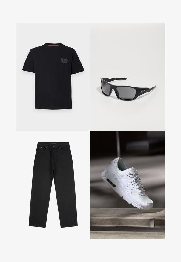 Černé bavlněné tričko s kulatým výstřihem, krátkými rukávy a texturovaným šedým logem na levé hrudi. Hladká látka s klasickým střihem.; Černé džíny s rovnými nohavicemi, s předními knoflíky a zipem, poutky na opasek a pětipocketovým designem, položeny na bílé pozadí.; Bílé tenisky Nike Air Max 90 s vrchním materiálem z textilu a kůže, perforovanou špičkou a viditelnou vzduchovou jednotkou v patě.; Černé sluneční brýle s obdélníkovým tvarem, vyrobené z odolného plastu, s šedými zrcadlovými skly a zlatým akcentem po straně.