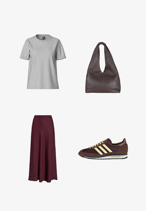 Grey short-sleeve t-shirt made of soft cotton blend, classic crew neck design, featuring a relaxed fit with folded sleeves.; Burgundy satin maxi skirt with a smooth texture, high waist, and a flowing silhouette that flares out gently towards the hemline.; Brown and burgundy sneaker with suede and mesh materials, featuring three cream stripes, textured fabric on the tongue, and a rubber sole.; Brown leather bag with a slouchy, oversized design. Features a loop handle and a deep V-cut opening for easy access. Soft texture, minimalist style.
