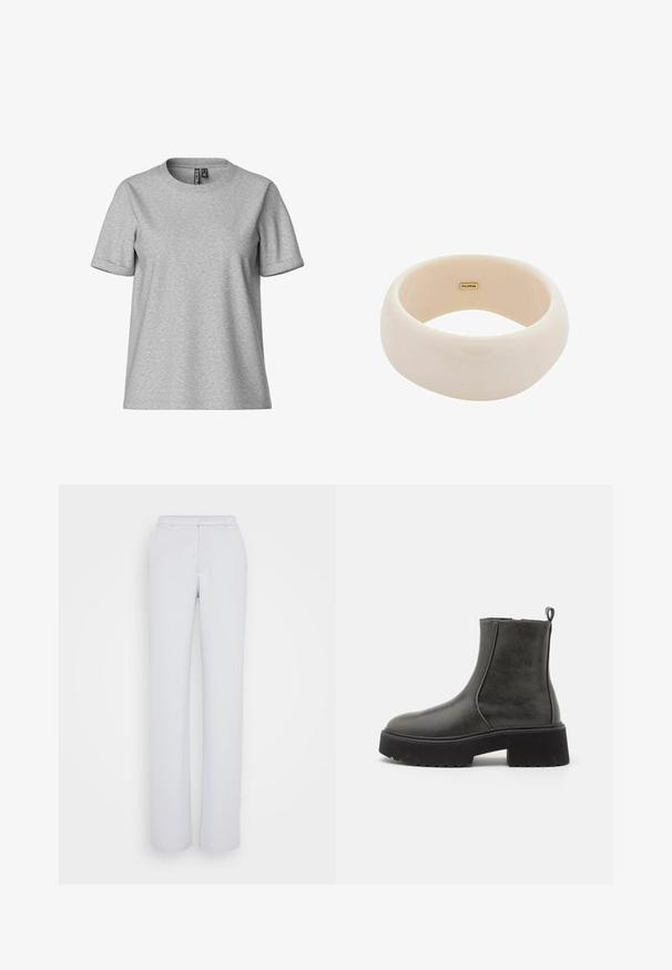 Hallide lühikeste varrukatega t-särk, mis on valmistatud pehmest puuvilla segust, klassikalise ümar kaela kujundusega, millel on mugav lõige ja volditud varrukad.; Heled hallid püksid sirge säärte disainiga, valmistatud siledast kangast, lame esiosa, vöökoht ja nähtavaid kaunistusi pole.; Mustad musta värvi ankle botiid, millel on siledast sünteetilisest materjalist ülemine osa, elastsed külgpaneelid, tõmmeeris ja paks kummine аллергиз.; Läikiv beez käevõru, mis on valmistatud siledast vaigust. Ümar kuju, ühtlane pind ja väike kullast logo siseküljel.